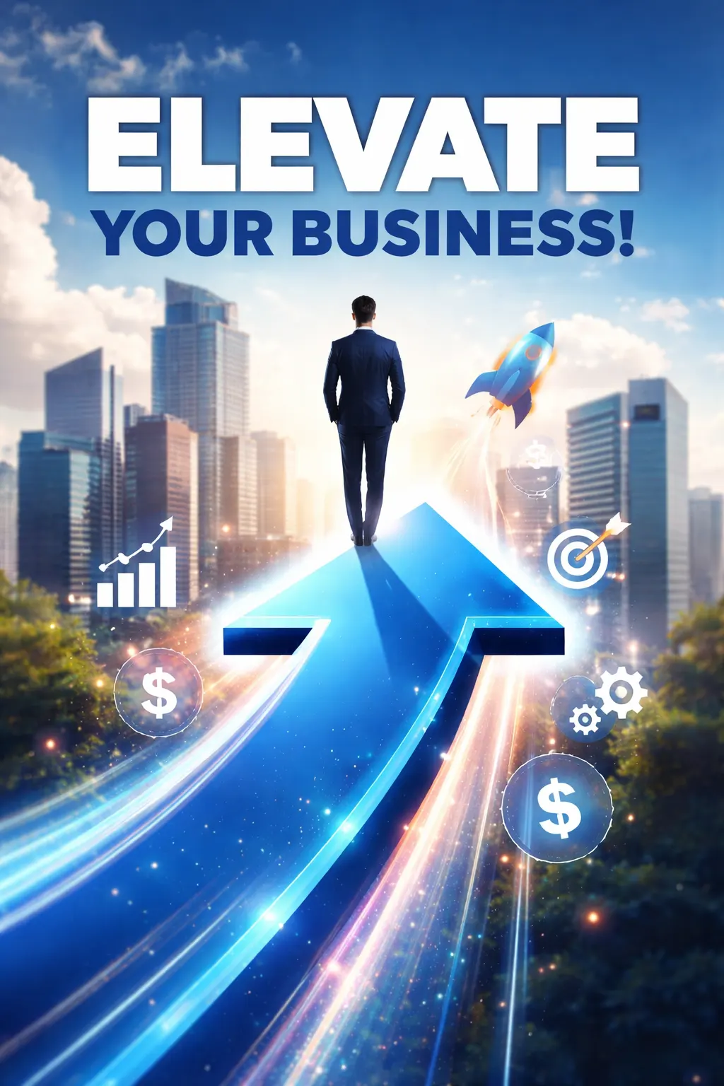 Image of a man in a suit walking on an upward climbing blue arrow