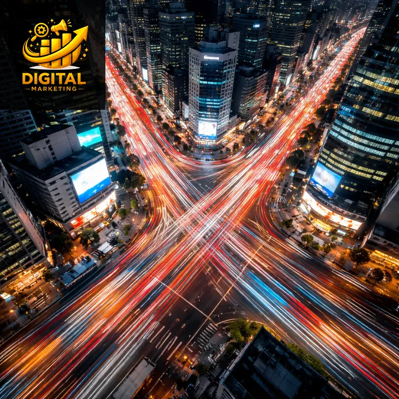 An image of a time-lapse camera looking down on a city from an angle at night, with an emphasis on its streets and the vehicles passing by. The vehicles' lights form a beautiful, colorful blur.