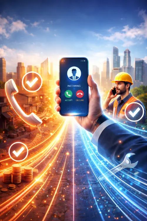 A vertical image for digital marketing, with a mans arm in a suit holding a phone, and with phones and other symbols floating around it