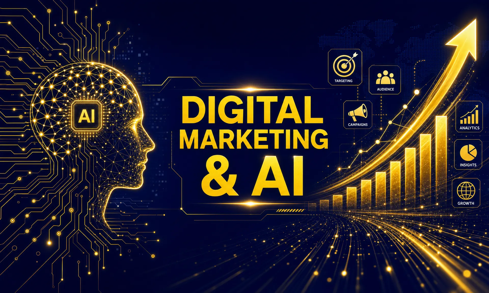 Digital-Markting-Pros-of-Casselberry-Digital-Marketing-AI-image. A Dark blue background, with an outline of a head in gold and other assorted icons all done in gold outline